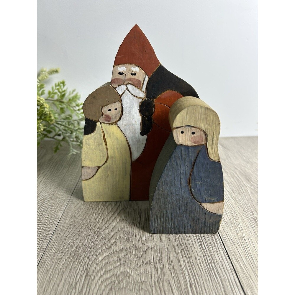 Vintage Handcrafted Wood Santa Claus & Child Figurine Folk Art Primitive 2 Pc